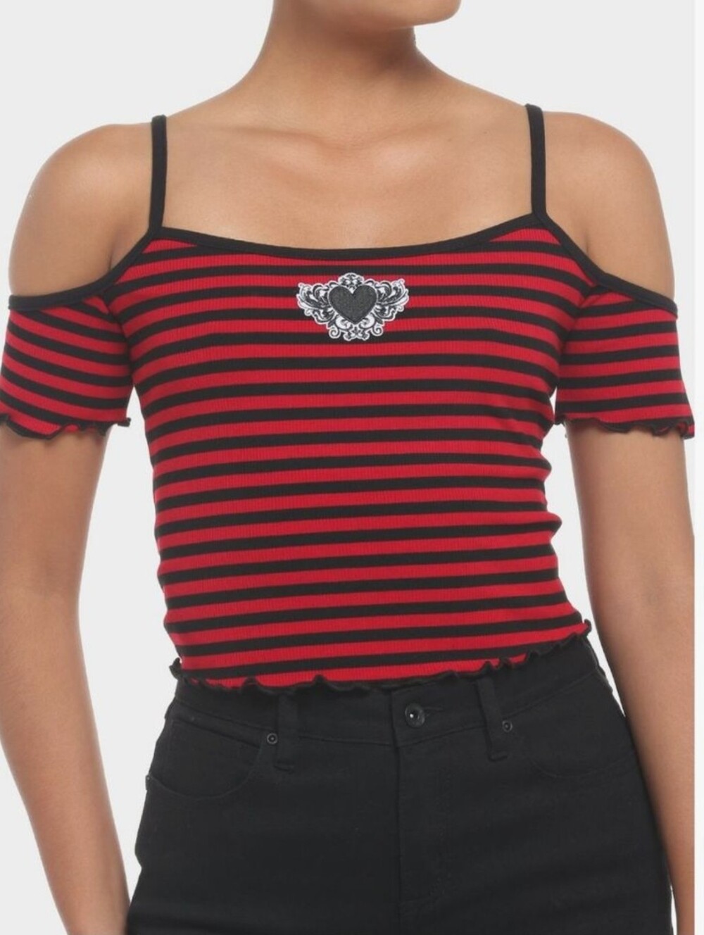 Black & Red Stripe Heart Cold Shoulder Girls Top Size M